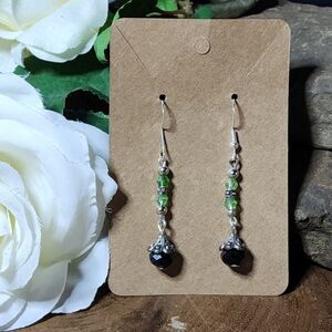 Hand Crafted Dangle Drop Earrings With Black & Green Glass Crystal Beads